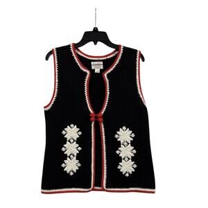 Vintage Christopher Banks Vest XL Black Snowflake Crochet Cottage Christmas